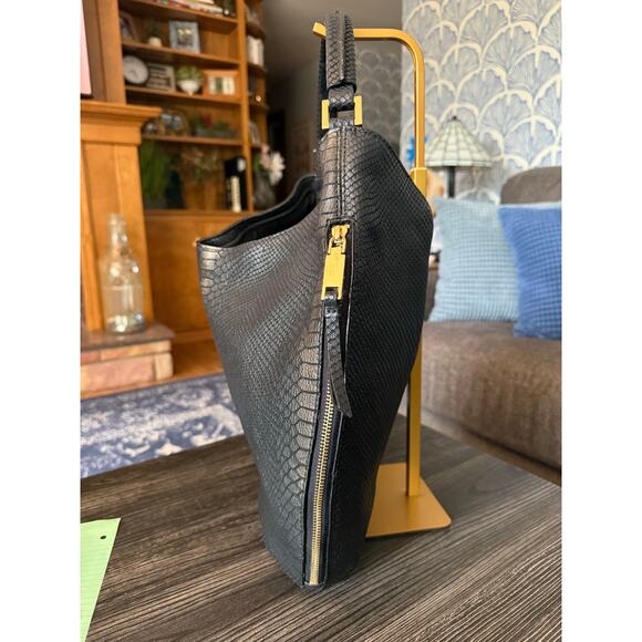 Calvin Klein Snake Skin Genuine Leather Gold Shimmer XL Hobo Bag with Side Zips - Picture 5 of 9